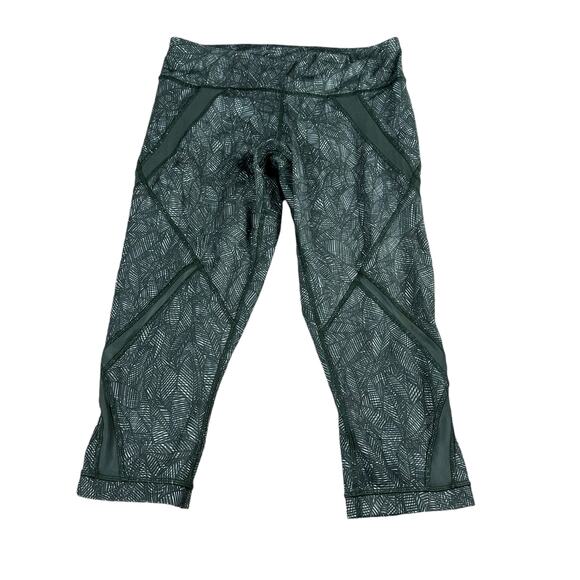 LULULEMON Green White Palm Tree Mesh Inset Cropped Leggings Women's Size 6 - Picture 1 of 7